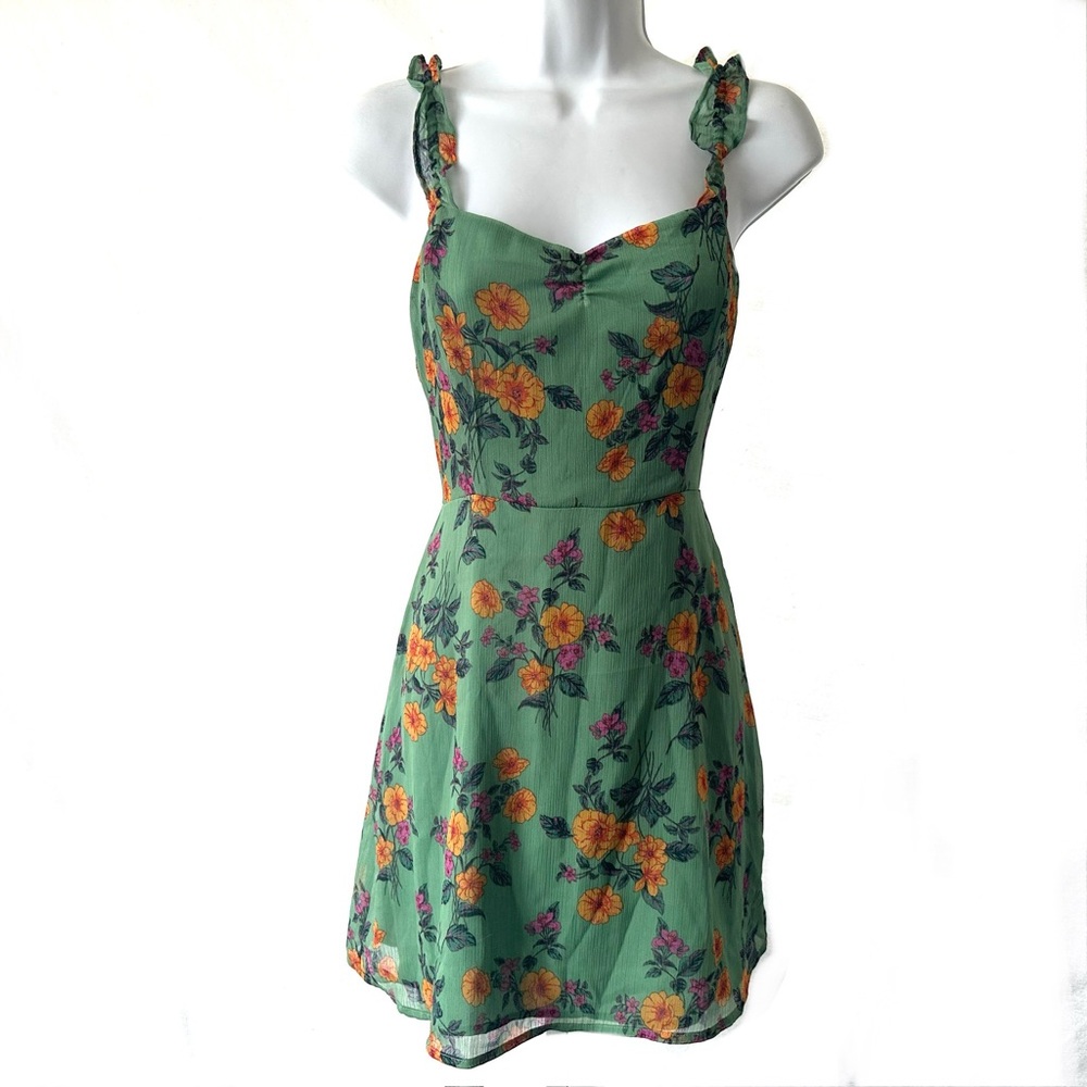 Y2K Babydoll Dress Sz S Green Floral Sleeveless Ruffle Straps Sweetheart Neck